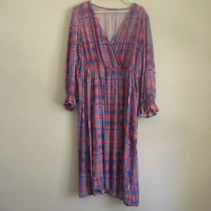 Blue Illusion Womens Dress Size 2L / 18-20 Pink Blue Check Tartan Faux Wrap Midi - Picture 1 of 15