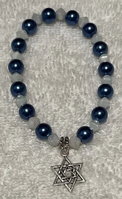 Double Star of David Charm Bracelet w/Deep Blue w/White Bicone Beads New - Image 1 of 3