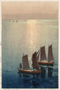 Glittering Sea Hiroshi Yoshida Japanese Woodblock Print 1926 Sailboats Ocean Sun - Picture 1 of 2