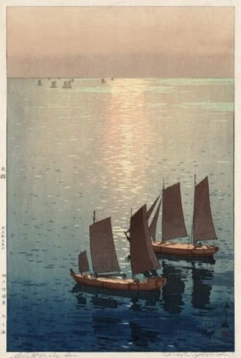 Glittering Sea Hiroshi Yoshida Japanese Woodblock Print 1926 Sailboats Ocean Sun - Image 1 of 2