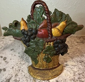 VTG Fruit Basket Cast Iron Doorstop Pears Apples Grapes Leaves Handle Paint Gold - Picture 1 of 9