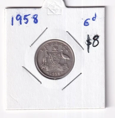 AUSTRALIANO: 1958 PRÉ-DECIMAL QEII PRATA (6p) MOEDA DE SEIS PENCE #5062 - Imagem 1 de 2