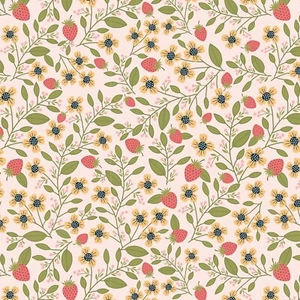 FLORES DE BAYA ~ Fresas y enredaderas de flores, fondo rosa ~ algodón amapola - Imagen 1 de 1