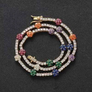 Colorful Flowers Gemstone & Diamond Tennis Chain Necklace 14K Yellow Gold Plated - Picture 1 of 4