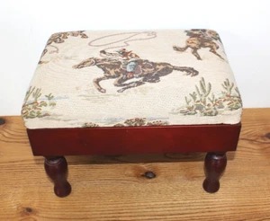 Western Footstool with Rodeo Cowboy Tapestr Fabric Lift-Up Top, Wood Base - Picture 1 of 6