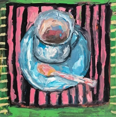 Original 8x8 Still Life Painting Expressive Outsider Art Blue Mug Plate Spoon - Image 1 of 4
