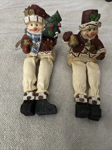 Snowman Shelf Sitter Colorful Resin W/ Cloth Legs Pair Of 2 - Picture 1 of 4