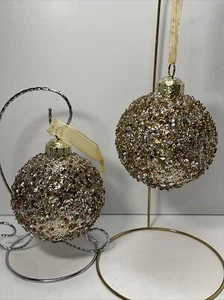 Frontgate Gold/silver glitte  large 5 in Blown Glass Hand Embellished pair - Picture 1 of 8