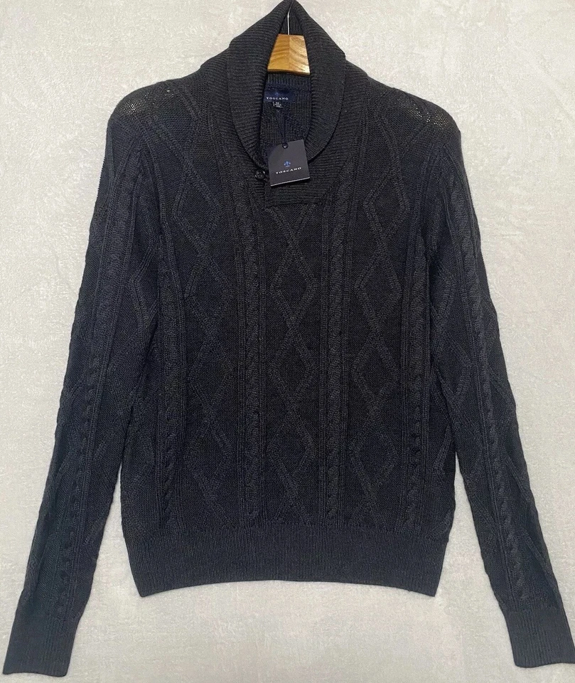 Toscano мужской вязаный свитер средний черный мериносовой шерсти смесь шаль рыбака новый - Изображение 1 из 4