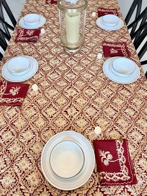 AGHABANI TABLECLOTH GOLD  Silk on Burgundy  117 x 75” Approx Table cover - Image 1 of 4