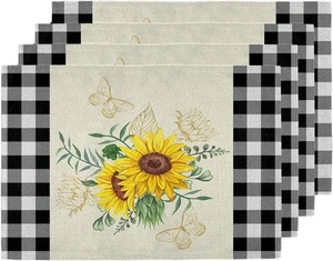 Placemats Set of 4 Black Buffalo Plaid Sunflower Summer 12''X18'', Yellow  - Picture 1 of 8