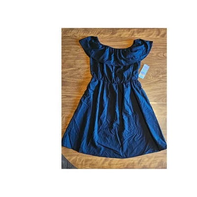 Girls Black Off Shoulder Dress, Ruffle Neckline, Elastic Waist, Casual - Image 1 of 3