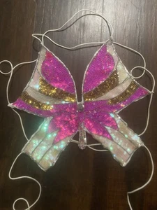 New Women's Pink Sequin Butterfly Crop Top Backless Rave Coachella Festival - Picture 1 of 2