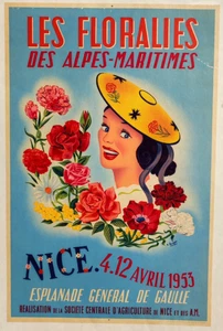 Affiche originale ancienne 1953 Les Floralies des Alpes-Maritimes NICE /RS101 - Imagen 1 de 3