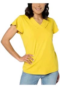 Denim & Co. Women's Favorite Jersey VNeck Flutter Slv Lace Top Mango - Foto 1 di 1