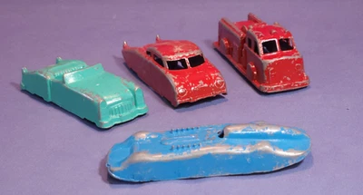 Lot of 4-MidgeToy Metal  Cars Racer,Futuristic Red Car, Caddy Convert. Firetruck - Image 1 of 4