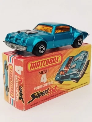Matchbox Superfast No4 1975 Pontiac Firebird Blue, MINT IN CRISP ORIGINAL BOX  - Image 1 of 4