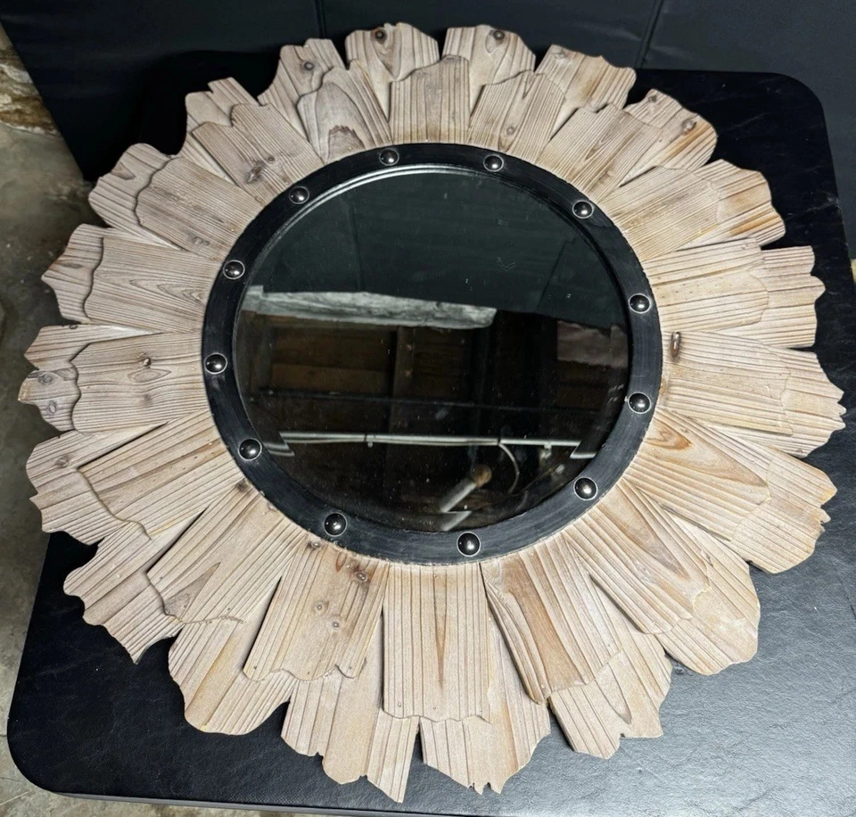 Howard Elliot Lg настенное зеркало дерево металл железо промышленная золотистая круглая черепица - Изображение 1 из 4