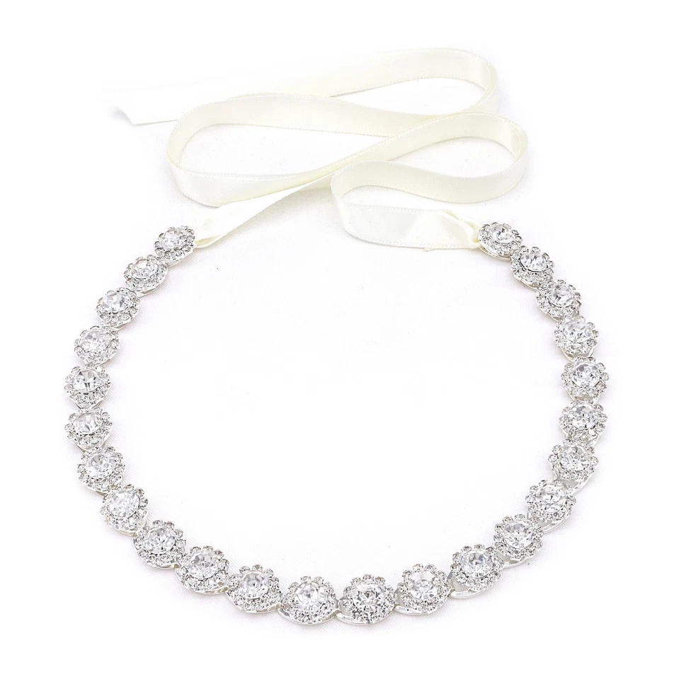 Ammei Rose Gold Bridal Headpiece Wedding Headband With Crystal and Ribbons Hair