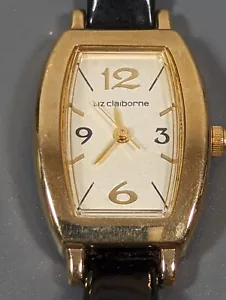 Liz Claiborne Gold Tone Rectangle Case Stainless Black Leather Band Watch 7 Inch - Picture 1 of 8