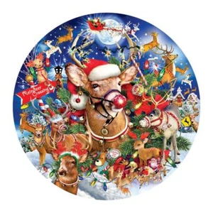 SunsOut Round Jigsaw Puzzle;  Reindeer Madness;  1000 pieces - Picture 1 of 1