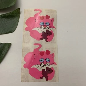 Vintage Sandylion 80s Pink Cat Sticker Cuddle Teddy Bear Kitten Love Large - Picture 1 of 2