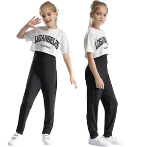Kids Girls T-shirt With Jumpsuit Gymnastic Crop Top And Leotards Set Workout - Picture 1 of 19