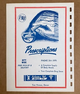1964 Adams St. Drug Co Farmacia Medicina Prescripciones Anuncio impreso Montgomery AL Foto 1 de 3