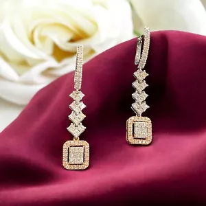 1.80 Cts Round Brilliant Cut Natural Diamonds Dangle Earrings 14K Two-Tone Gold - Picture 1 of 15