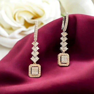 1.80 Cts Round Brilliant Cut Natural Diamonds Dangle Earrings 14K Two-Tone Gold - Image 1 of 4