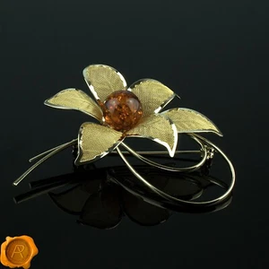 Stunning Large Baltic Amber Gemstone Gold Flower Gift Jewelry Brooch for Women - Picture 1 of 6