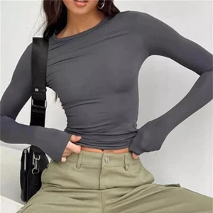 Women’s Long Sleeve Casual Slim Fit Tee Spring Summer Solid Color Pullover Gift - Picture 1 of 33