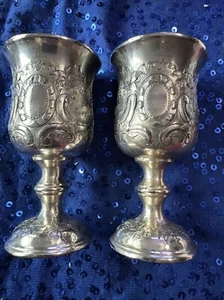 Antique Magnificent Set of 2 Silver Kiddush Cups - Picture 1 of 6