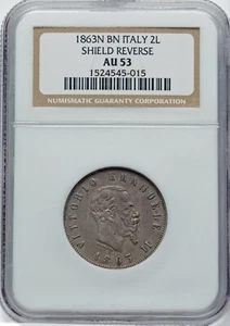 ITALY KINGDOM 1863-N-BN 2 LIRE COIN, ALMOST UNCIRCULATED, NGC CERTIFIED AU53 - Picture 1 of 2