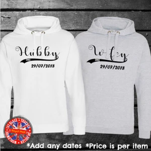 Hubby, Wifey Personalised Hoodies, Couples, Wedding, Honeymoon, Gift, Annivsary - Picture 1 of 1