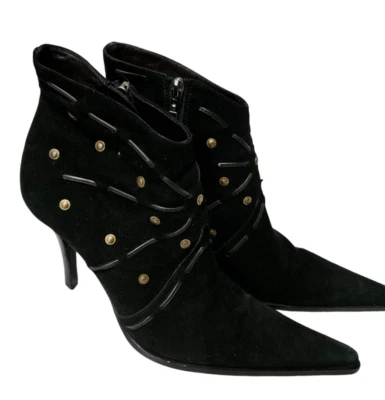 Y2K Cesare Paciotti Heroe camurça preta Stilleto biqueira pontiaguda cravejada tornozelo zíper 7,5 - Imagem 1 de 4