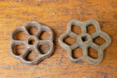 Lot Of 2 Vintage Cast Iron Faucet Spigot Valve Handle 2 inch Diameter Steam Punk Cover