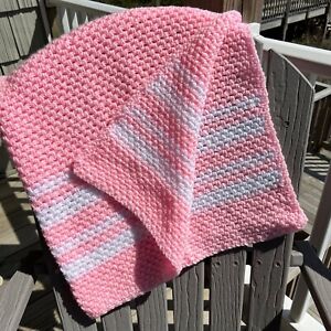 Handmade Crochet Soft Baby Blanket Pink &White Stripes 0770