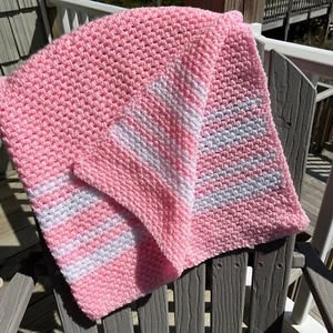 Handmade Crochet Soft Baby Blanket Pink and White Stripes 0770 - Picture 1 of 14