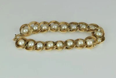 14K Yellow Gold Pearl Bracelet Green and Pink Luster 7.5" length Circa 1960 - Image 1 of 4