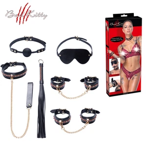 Bad Kitty Bondage Set 6-teilig Kunstleder schwarz BDSM Halsband Handschellen Peitsche - Bild 1 von 13