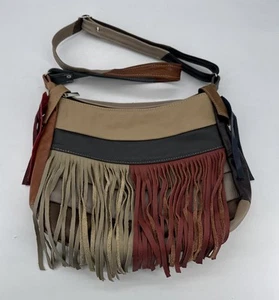 VTG Leather Patchwork Fringe Multicolor Hobo Crossbody Shoulder Bag Made Mexico - Picture 1 of 17