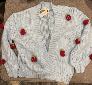 Anthropologie Maeve Strawberry Sweater One Size Light Blue 3D NWT Soft Warm - Picture 1 of 5