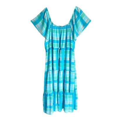 Time and Tru Sz XXL Blue Plaid Off Shoulder Maxi Dress Chiffon Lined - Image 1 of 4