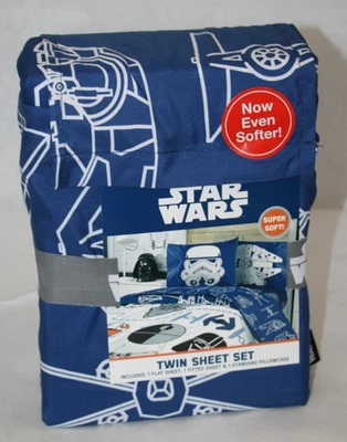 Star Wars Twin Sheet Set Flat + Fitted + 1 Standard Pillowcase Blue White NEW - Image 1 of 4