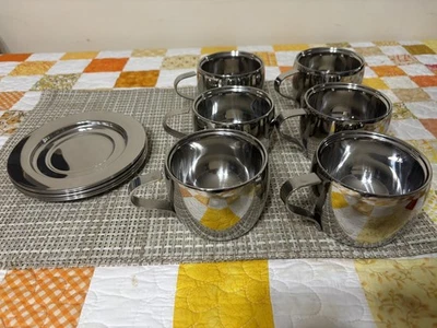 Beautiful Pottery Barn Stainless Steel Coffee Cups Set of 6 With Plates - Image 1 of 3