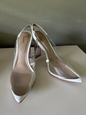 "Tacones transparentes Aldo con ribete blanco - honda trasera - tacón arco iris de 5"" - talla 8 - nuevos sin caja" Foto 1 de 4