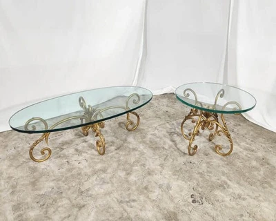 Vintage Hollywood Regency Brass & Glass Coffee & Side Table - Image 1 of 4