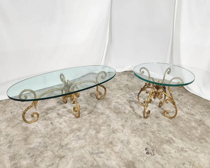 Vintage Hollywood Regency Brass & Glass Coffee & Side Table - Image 1 of 4