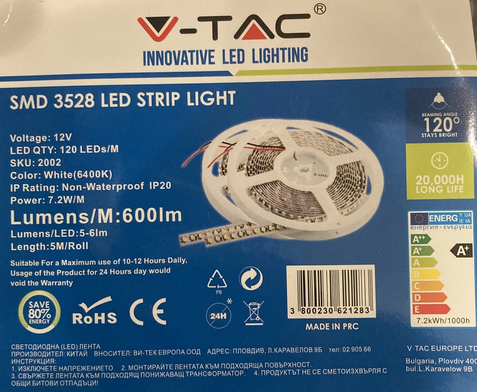 BOBINA STRIP LED 5M SMD3528 6400K BIANCO FREDDO VTAC2002 12V IP20 600LUMEN/M A+ - Immagine 1 di 1